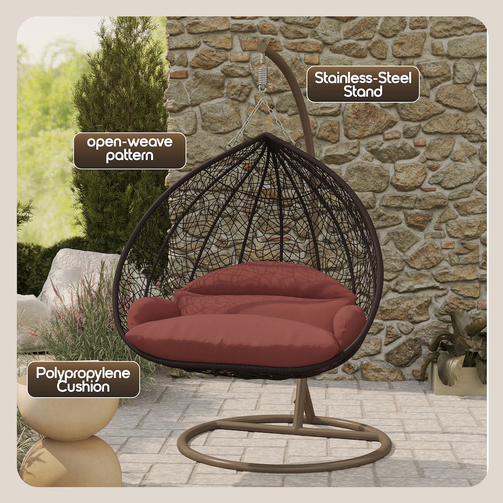 Recluse Collection Modern Outdoor Swing Chair Brown Frame Dark Orange Cushion. Picture 4