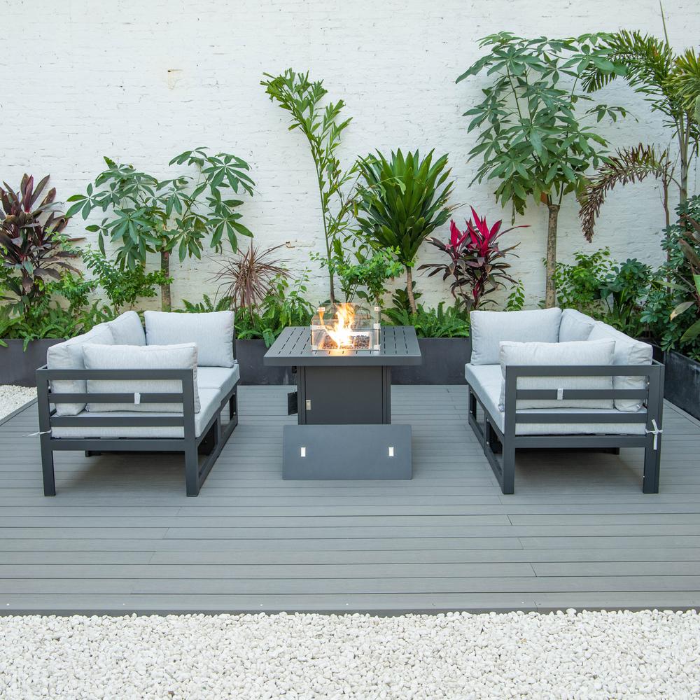 LeisureMod Chelsea 5-Piece Sectional Loveseat and Fireplace Set Black Aluminum with Cushions, Light Grey. Picture 3
