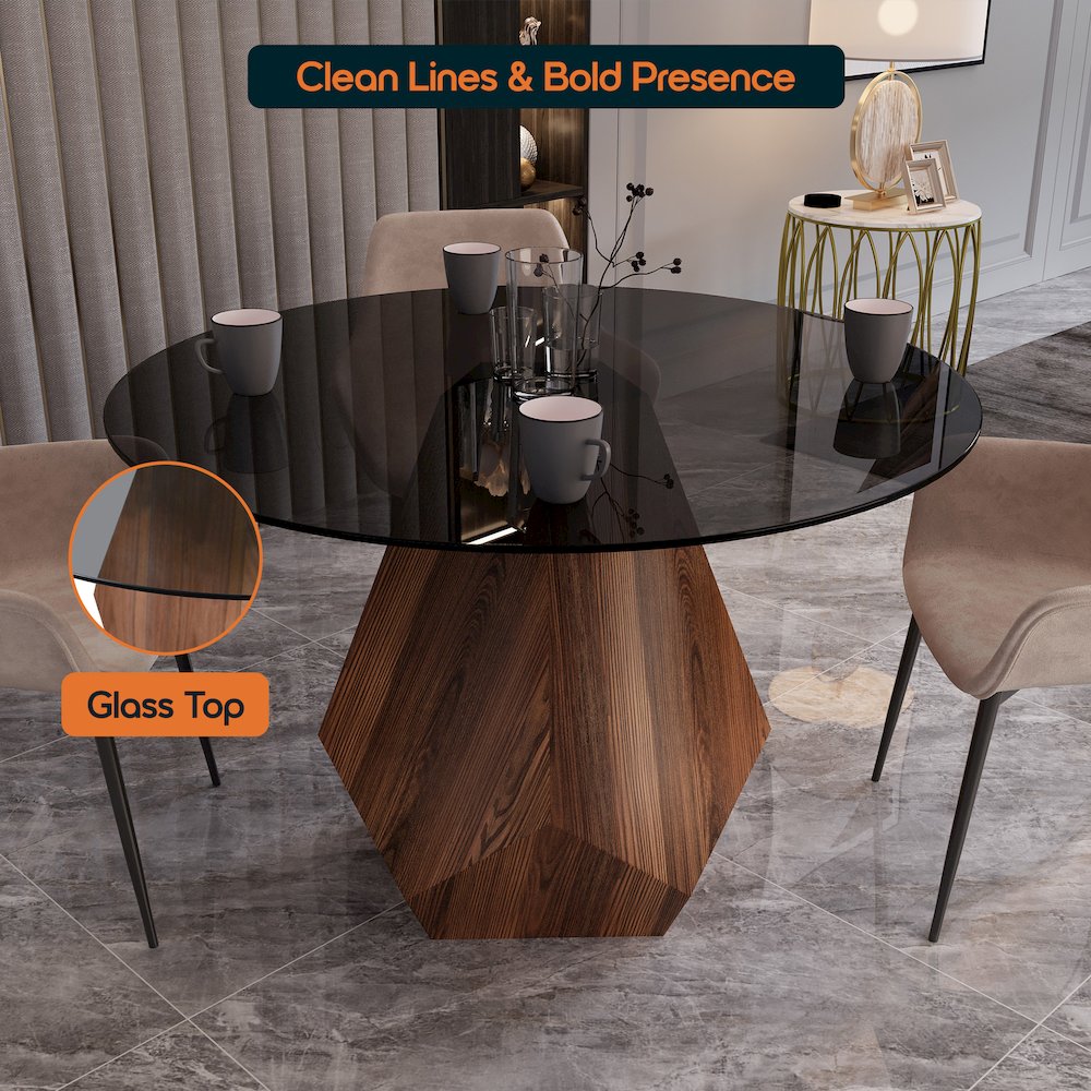 Nebo Modern Dining Table in Walnut Base with BLack Glass Top. Picture 5
