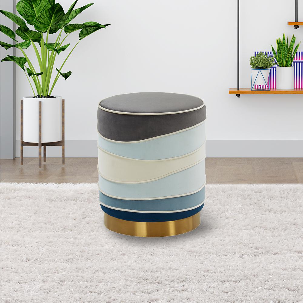 Almon 16" Round Multi Colored Velvet Ottoman. Picture 3