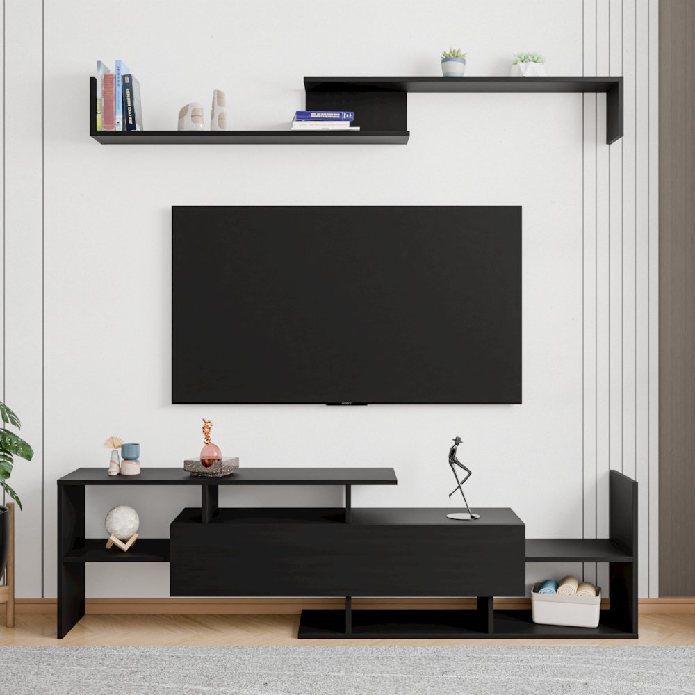 Surrey Modern TV Stand with MDF Shelves and Bookcase in Ebony. Picture 32