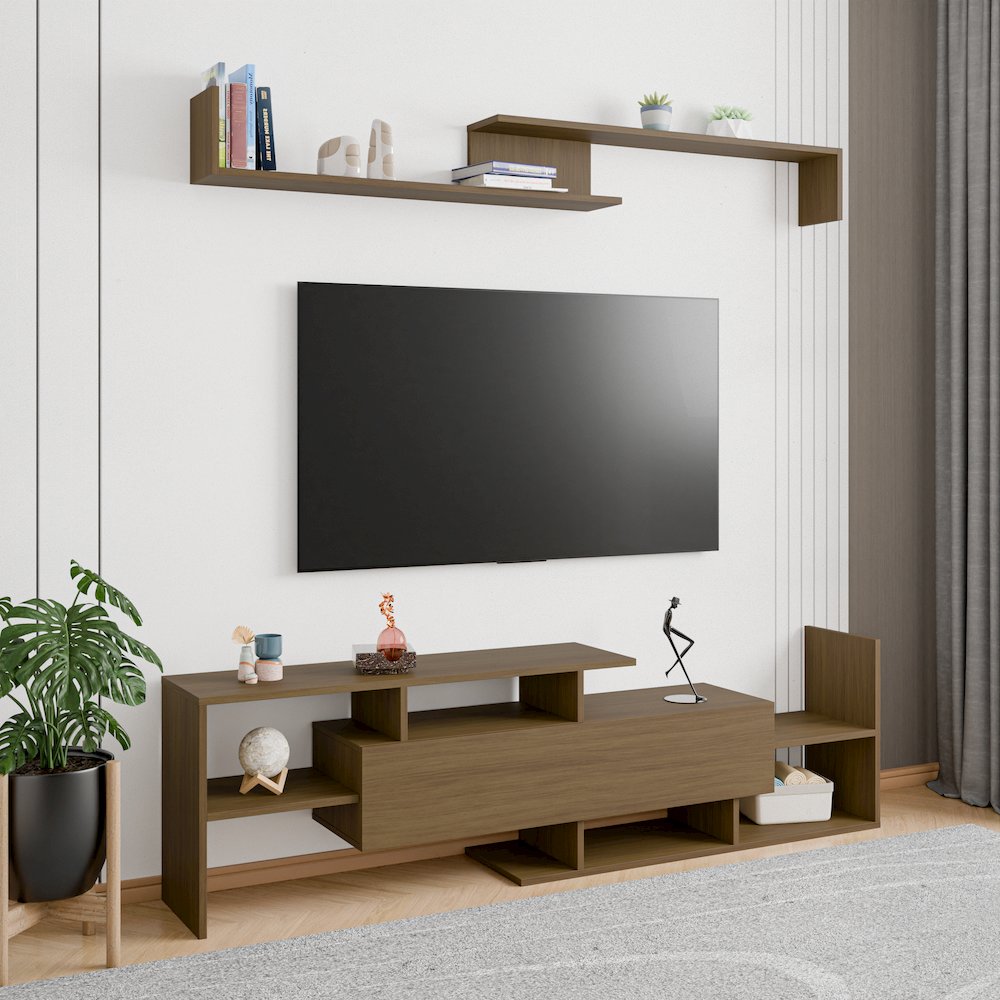 Surrey Modern TV Stand with MDF Shelves and Bookcase in Oak Wood. Picture 34
