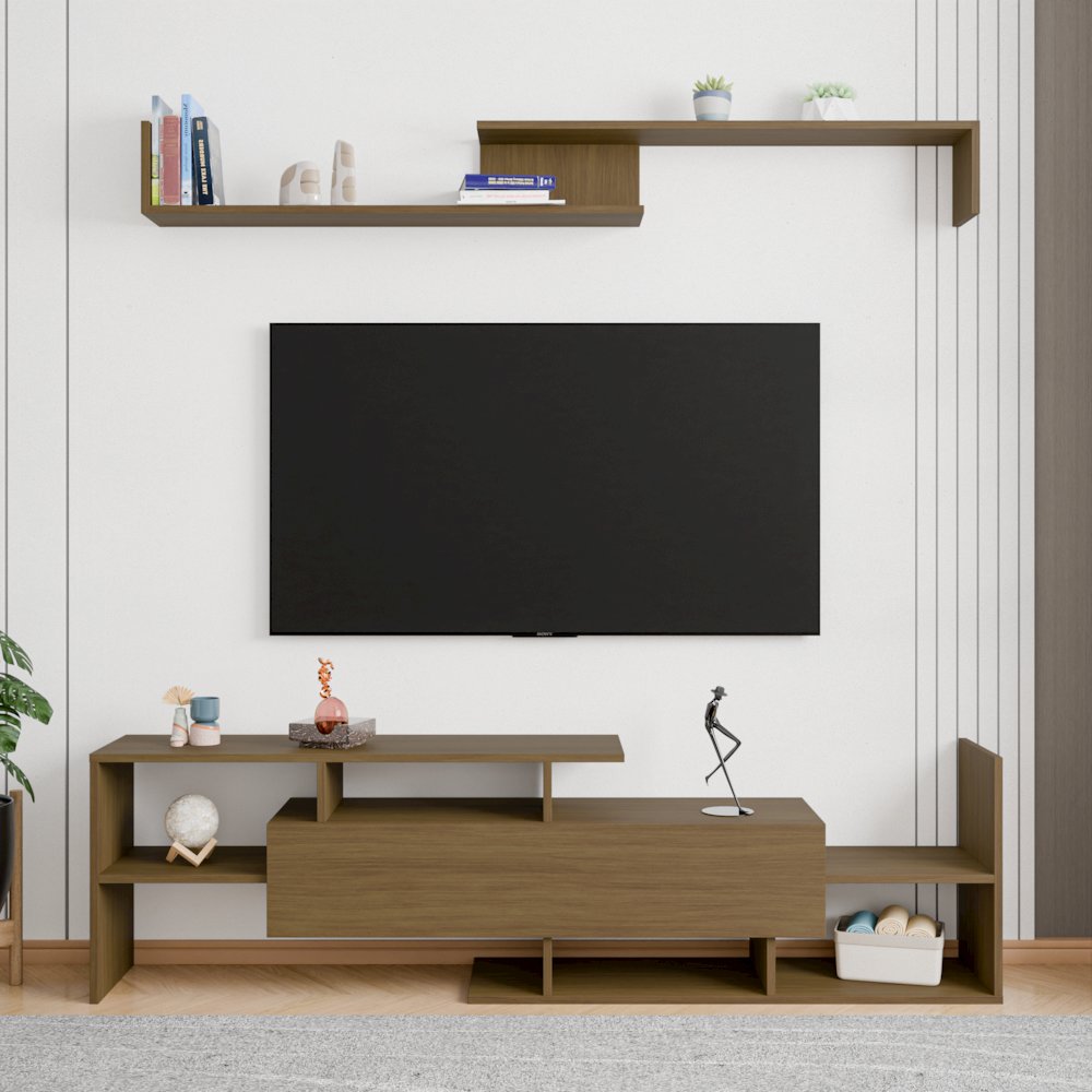 Surrey Modern TV Stand with MDF Shelves and Bookcase in Oak Wood. Picture 35