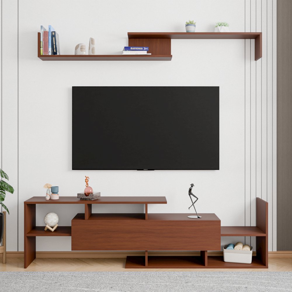 Surrey Modern TV Stand with MDF Shelves and Bookcase in Walnut. Picture 36