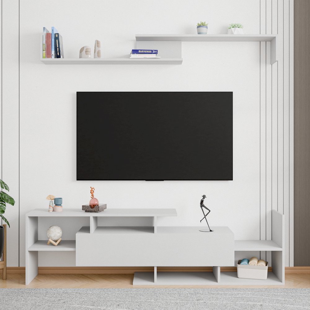 Surrey Modern TV Stand with MDF Shelves and Bookcase in White. Picture 34