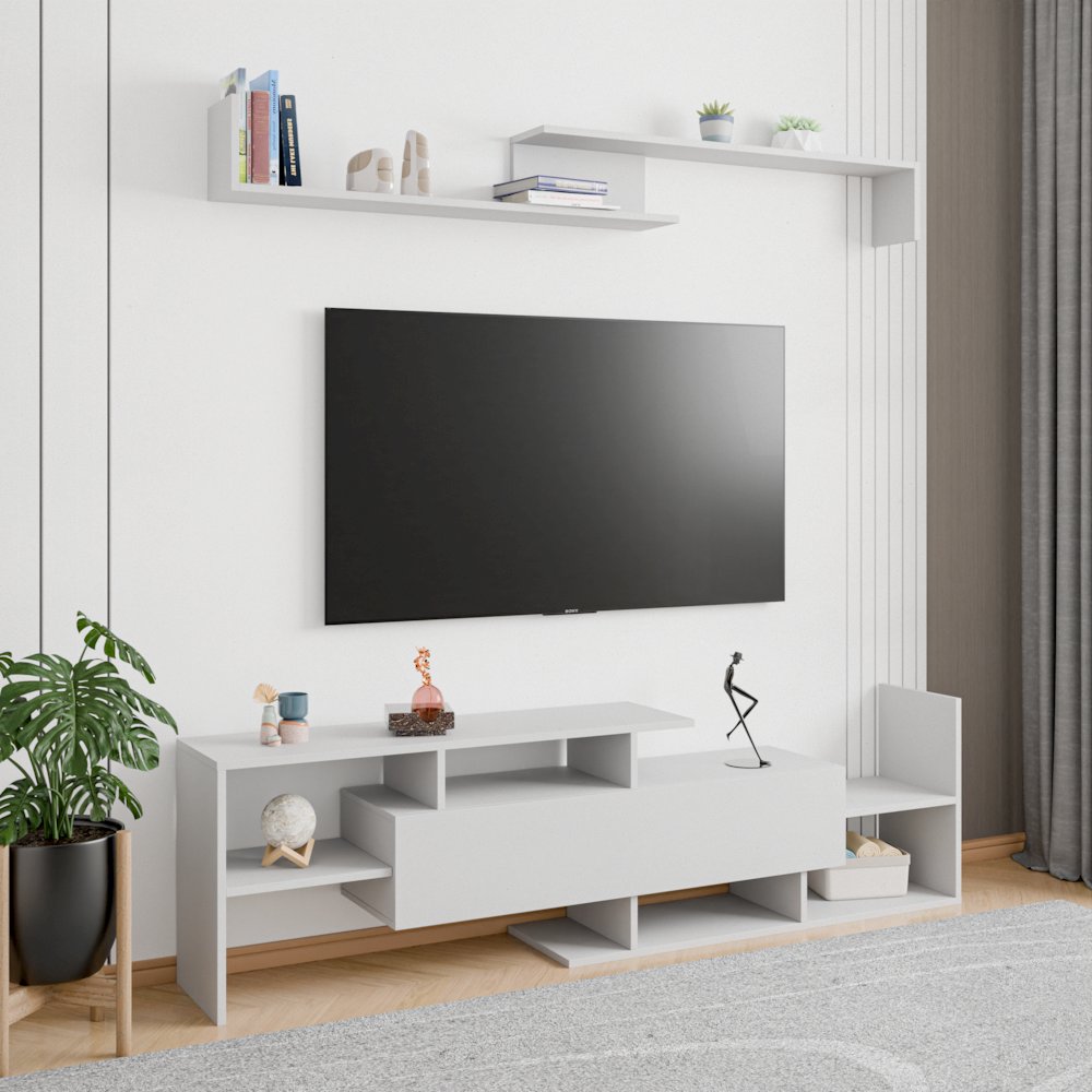 Surrey Modern TV Stand with MDF Shelves and Bookcase in White. Picture 35