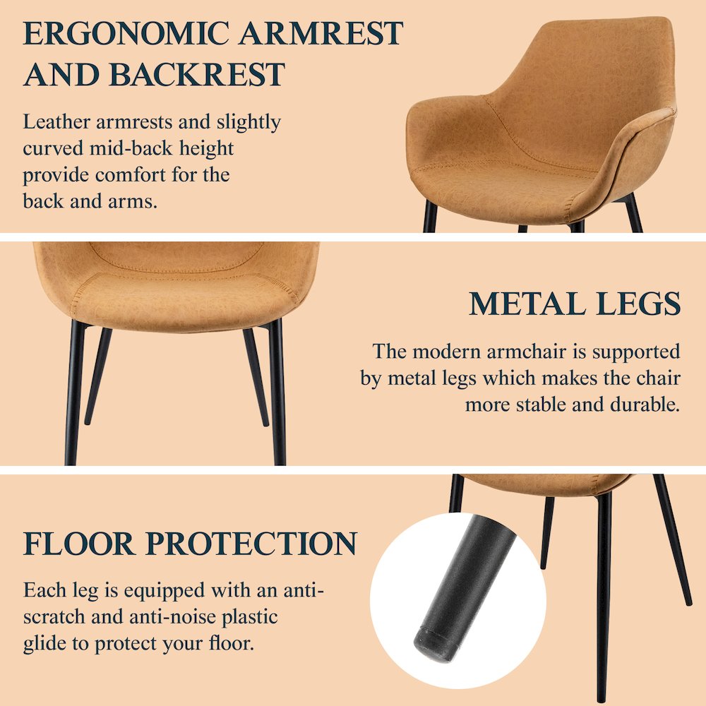 Markley Modern Leather Dining Arm Chair With Metal Legs Set of 2. Picture 3