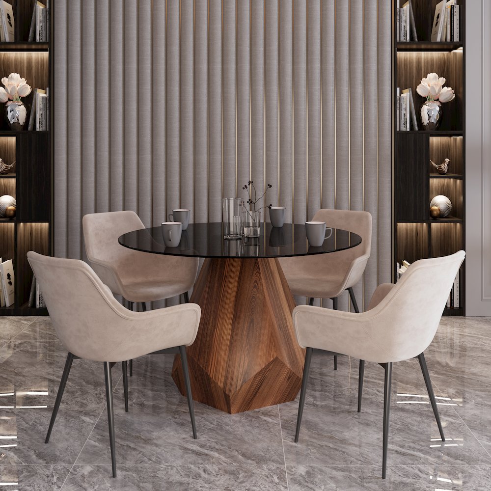 Nebo Modern Dining Table in Walnut Base with BLack Glass Top. Picture 8