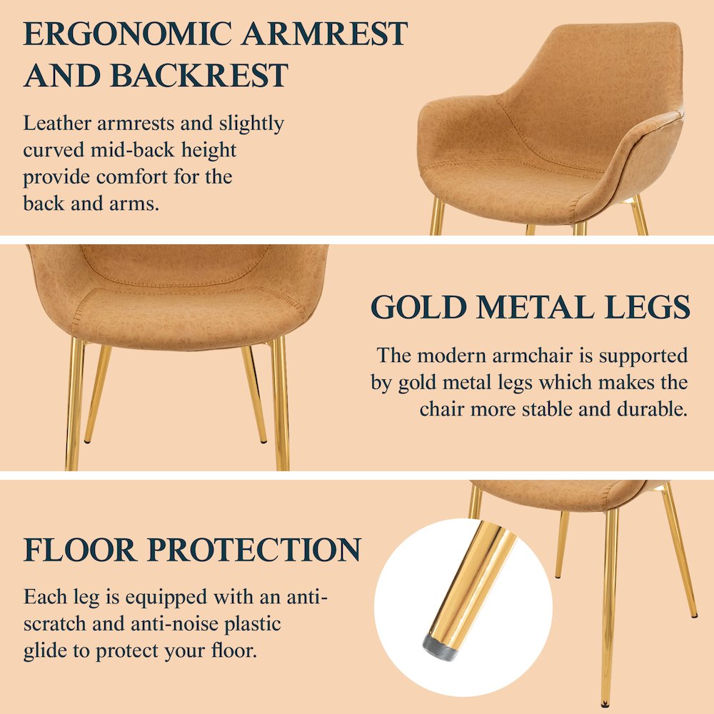 Markley Modern Leather Dining Arm Chair With Gold Metal Legs. Picture 4
