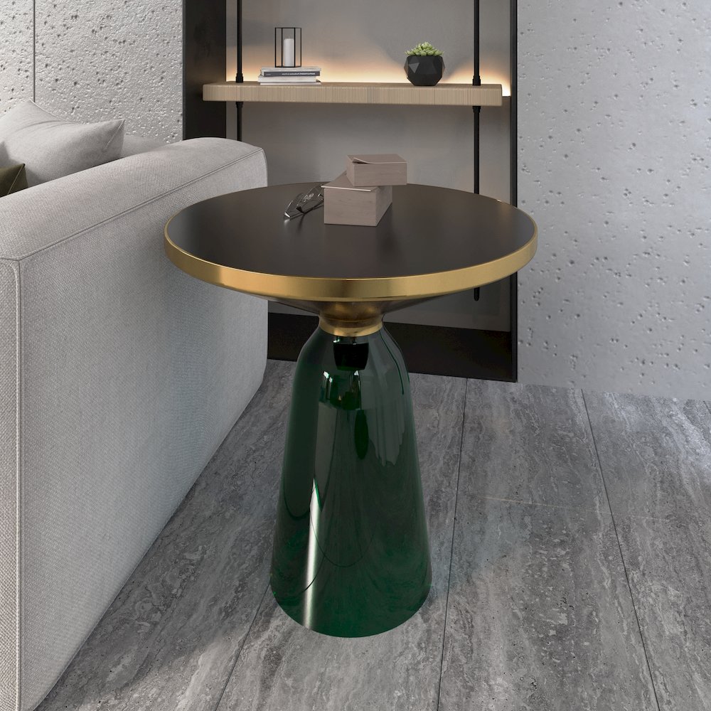 Tully Collection Glass side Table Green glass, Gold Rim with Black Glass top. Picture 10