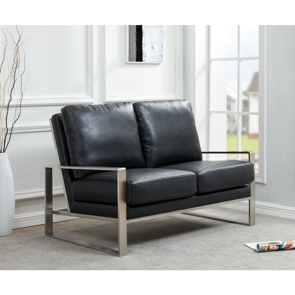 Jefferson Contemporary Modern Faux Leather Loveseat With Silver Frame. Picture 2