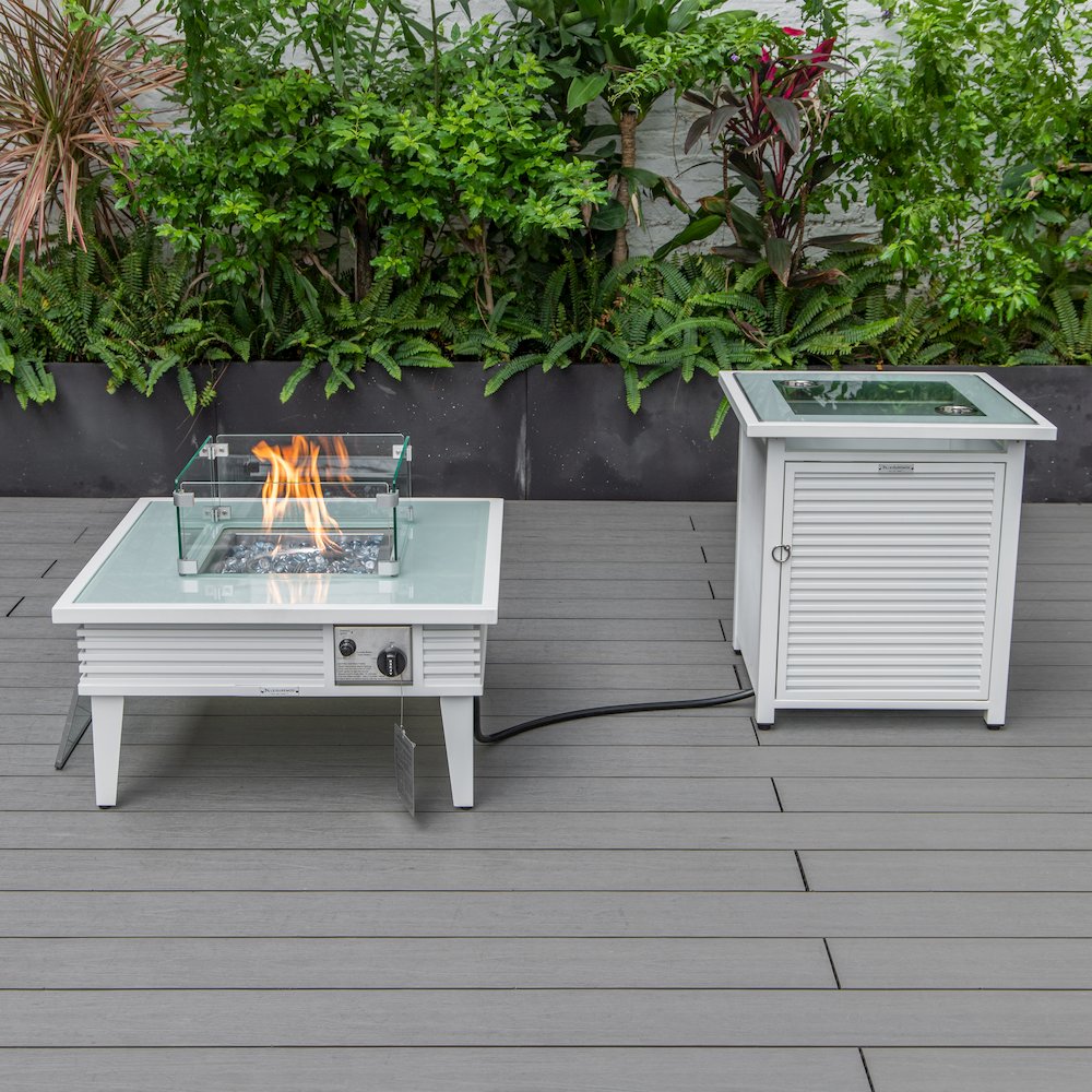 Walbrooke Patio Square Fire Pit and Tank Holder with Slats Design in White. Picture 1