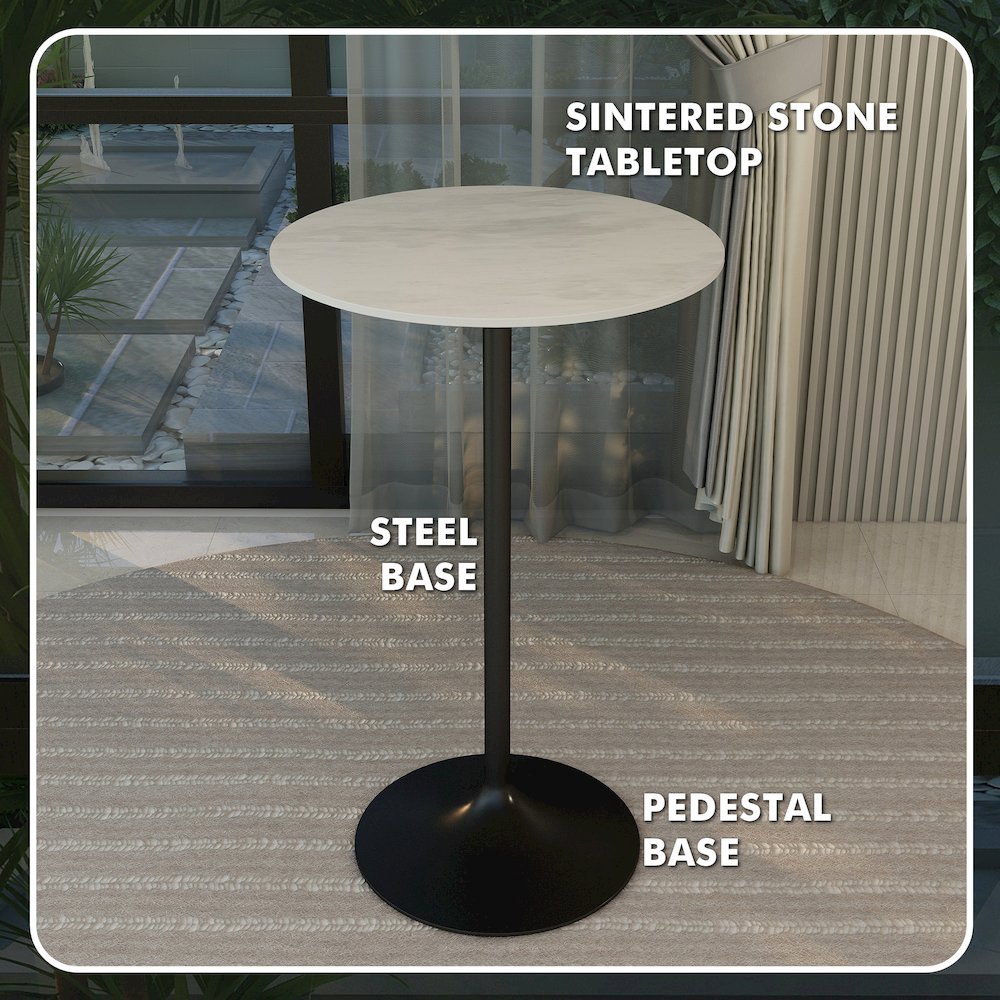Bar Height Table Black Base with 27" Round Marble White Sintered Stone Top. Picture 5