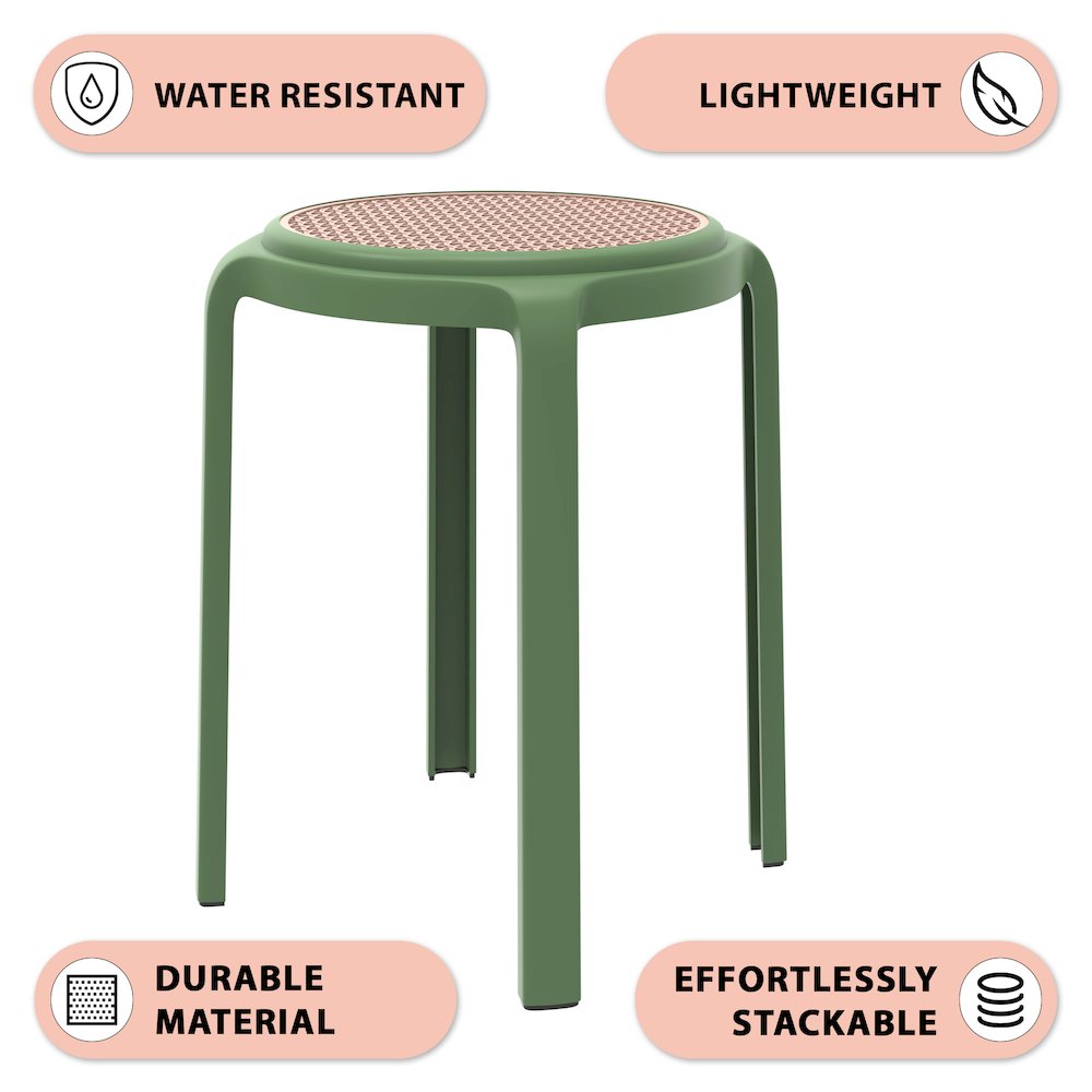 Tresse Series Stackable Round Poly Stool With Wicker Top 13 in Green. Picture 2