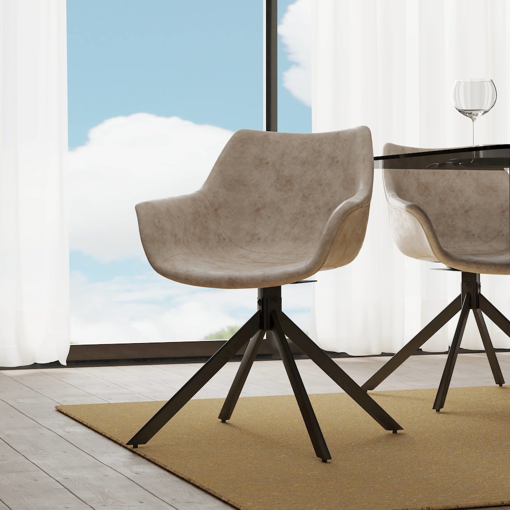 Markley Modern Leather Dining Swival Arm Chair in Taupe. Picture 3