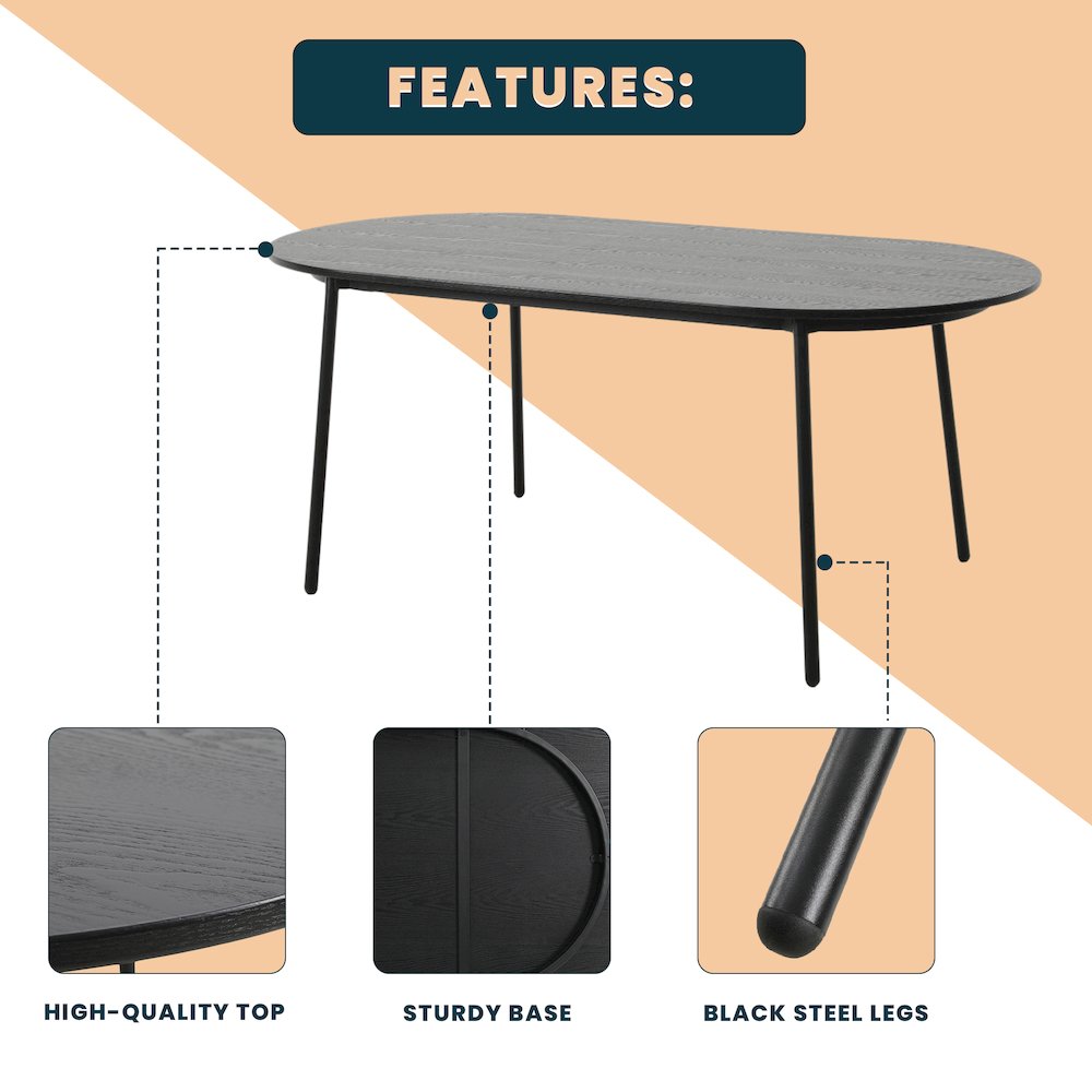 Tule Modern 83" Oval Dining Table with MDF Top and Black Steel Legs in Black. Picture 16