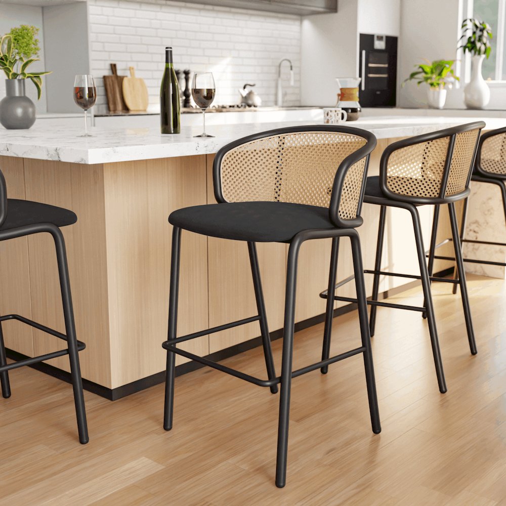 Ervilla Mid-Century Modern Wicker Bar Stool in Black. Picture 2