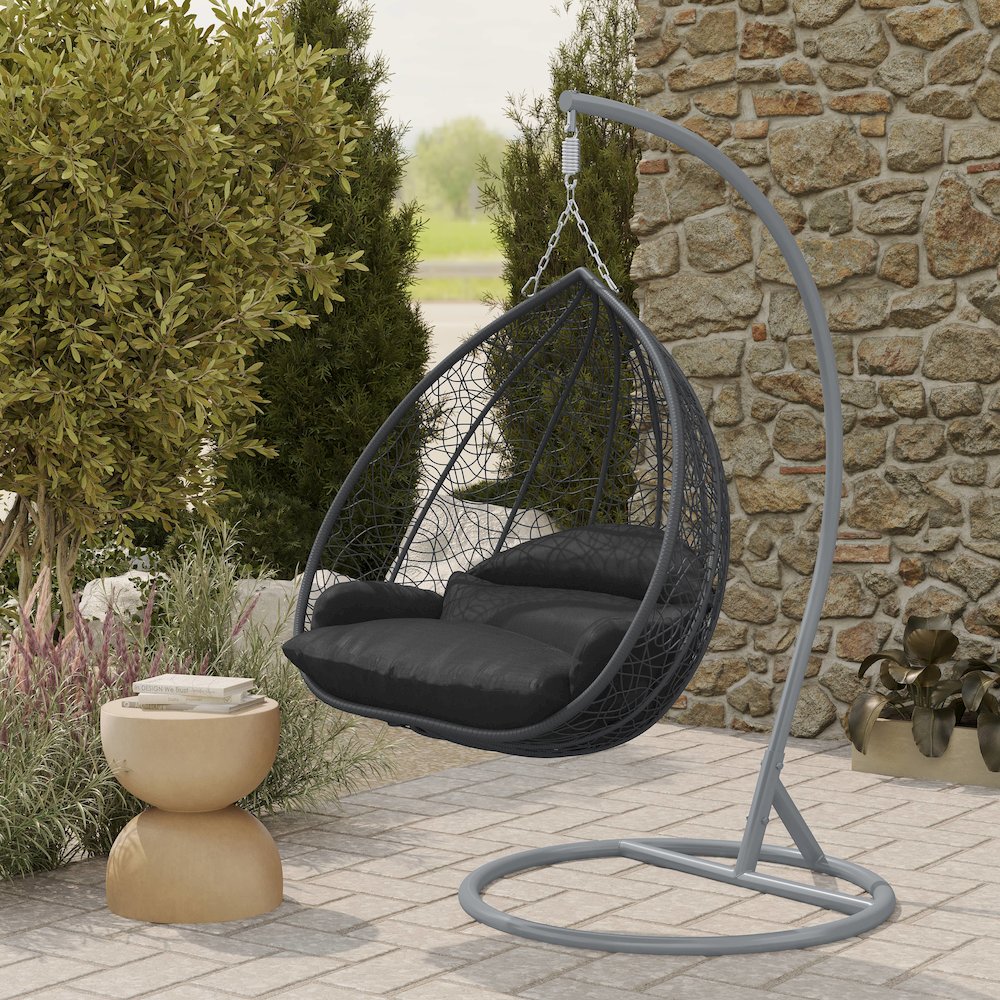 Recluse Collection Modern Outdoor Swing Chair Grey Frame with ES57 Black Cushion. Picture 8