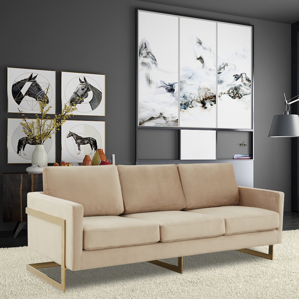 Lincoln Modern Mid-Century Upholstered Velvet Sofa with Gold Frame. Picture 4