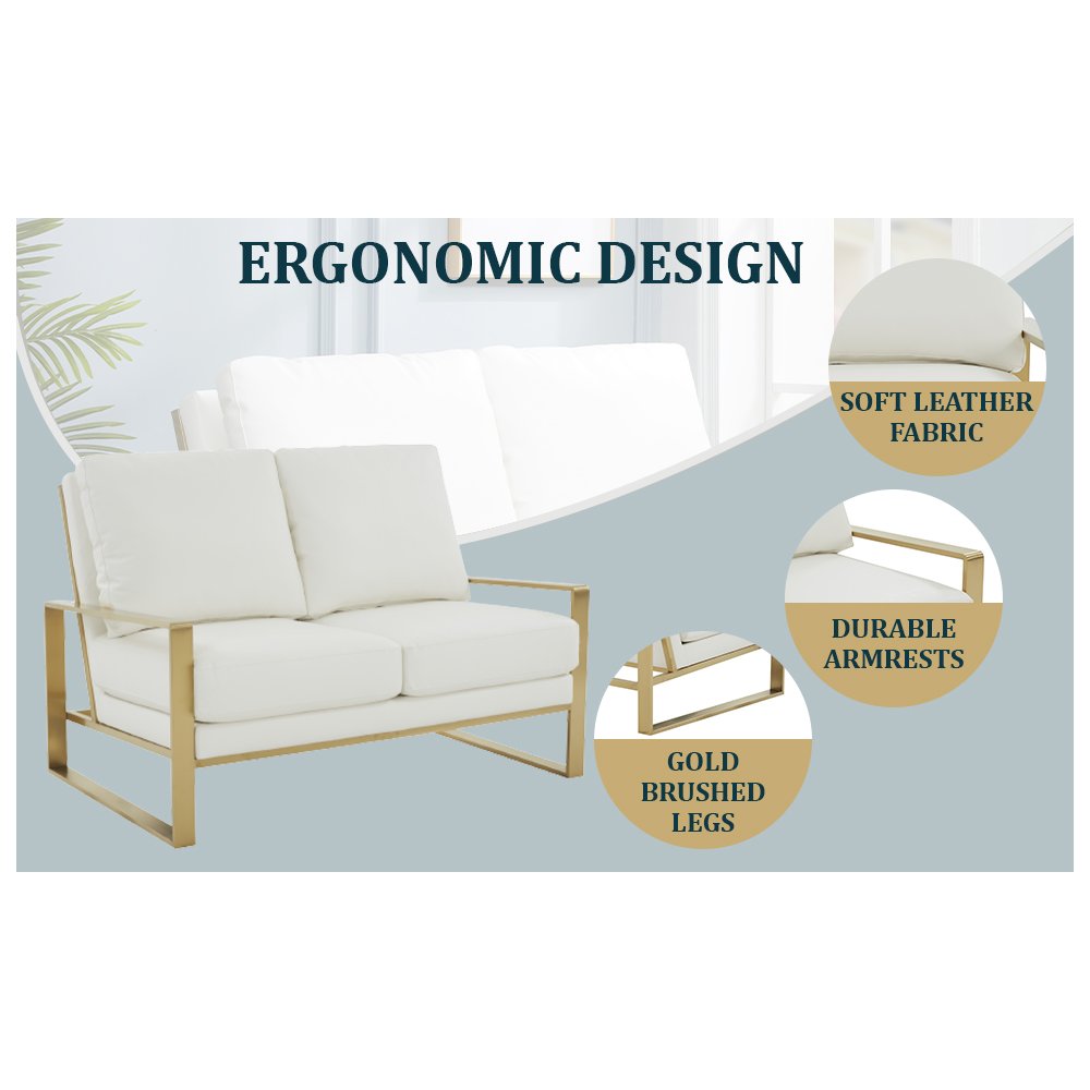 Jefferson - Leather Loveseat - Gold Frame - White. Picture 12