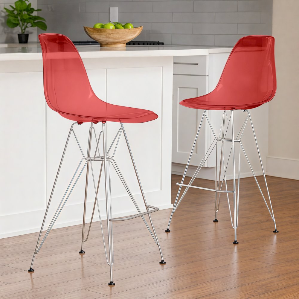 Cresco Modern Acrylic Barstool with Chrome Base and Footrest in Transparent Red. Picture 10