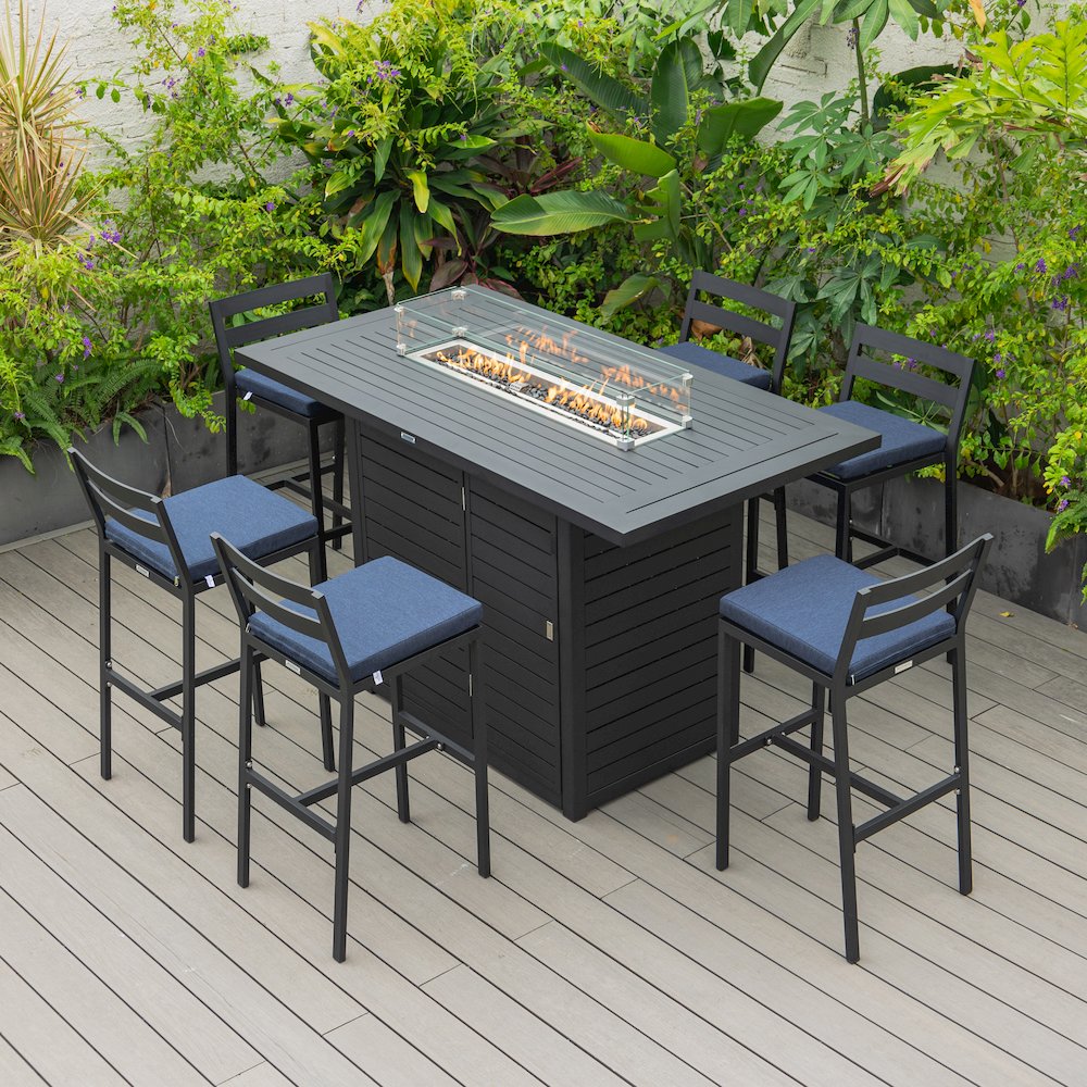 Chelsea Collection Modern Aluminum Outdoor Bar Chair in black with Blue Cushions. Picture 11