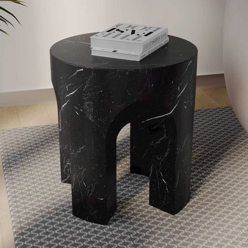 Crus Collection Fiberglass Outdoor Side Table Marbleized Black. Picture 2