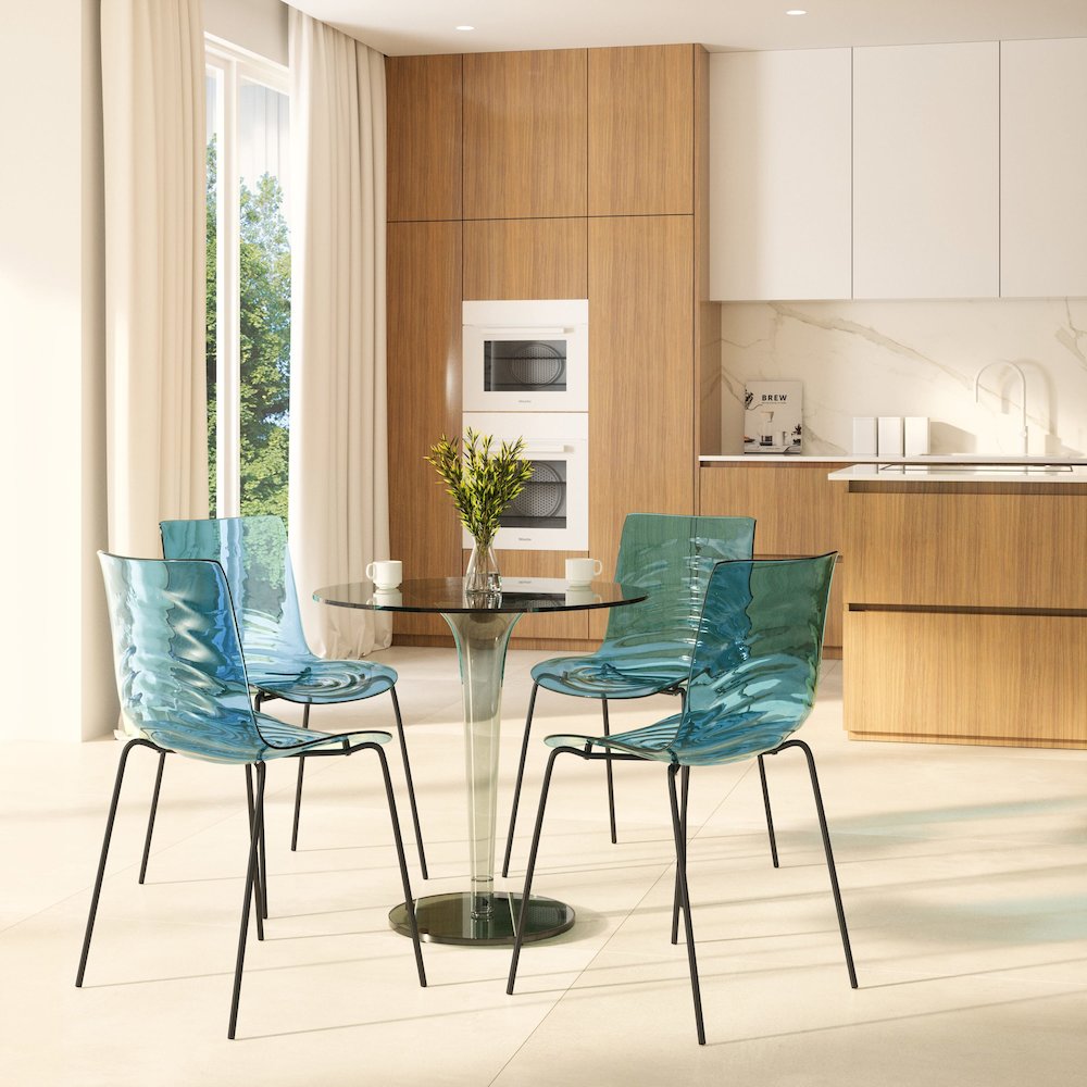 Astor Water Ripple Design Dining Chair in Black Base Trans Blue Seat. Picture 12