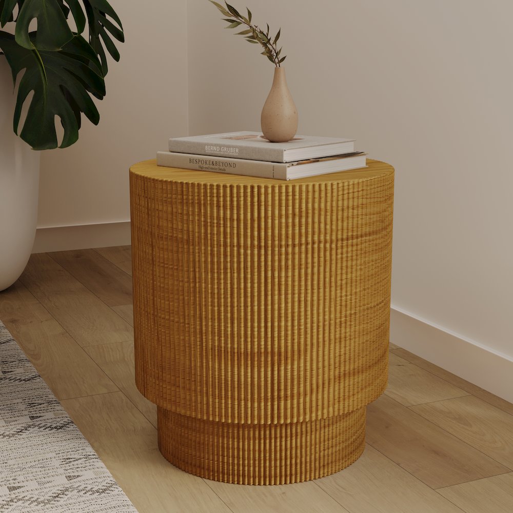 Eden Collection Fiberglass Outdoor Side Table in Wood Brown. Picture 3