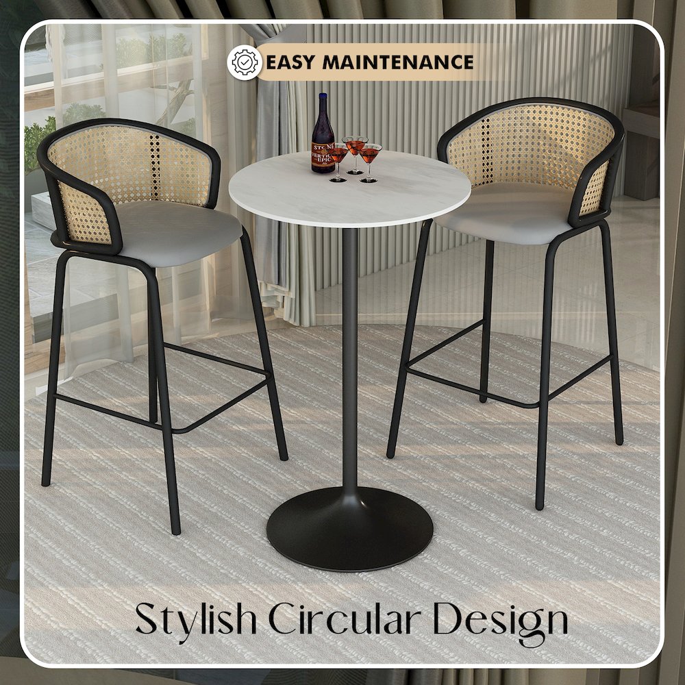 Bar Height Table Black Base with 27" Round Marble White Sintered Stone Top. Picture 6