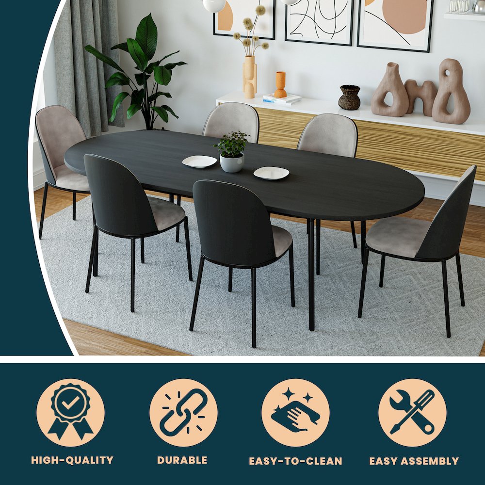 Tule Modern 83" Oval Dining Table with MDF Top and Black Steel Legs in Black. Picture 15