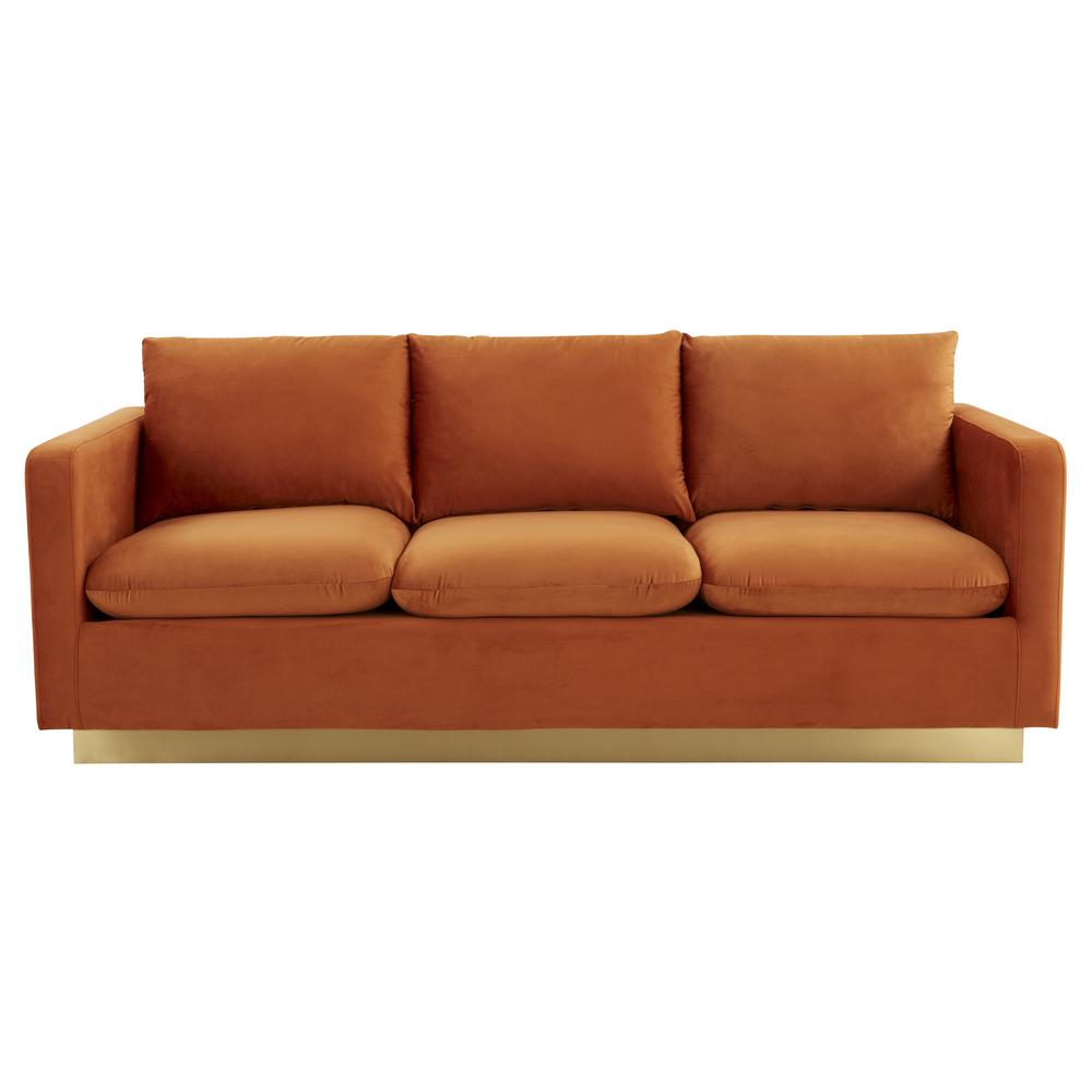 Nervo Modern Mid-Century Upholstered Velvet Sofa with Gold Frame. Picture 1