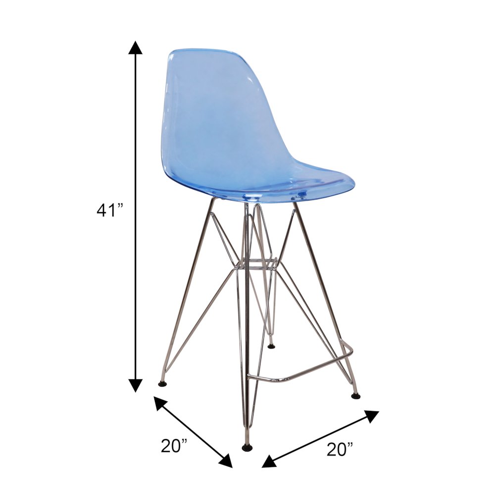 Cresco Modern Acrylic Barstool with Chrome Base and Footrest in Transparent Blue. Picture 9