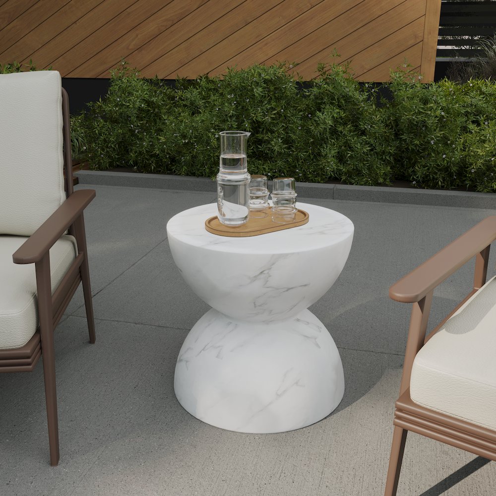 Sage Collection Fiberglass Outdoor Side Table in Marbled White. Picture 2