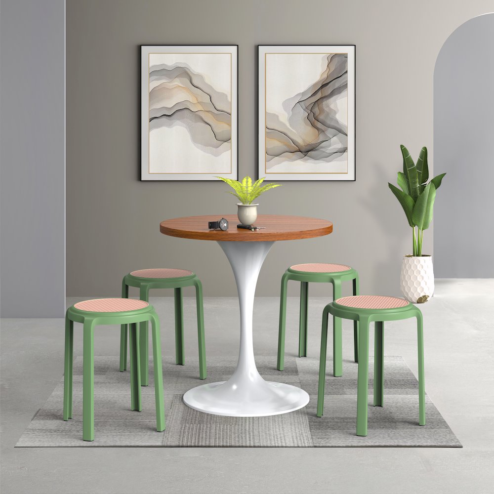 Tresse Series Stackable Round Poly Stool With Wicker Top 13 in Green. Picture 9