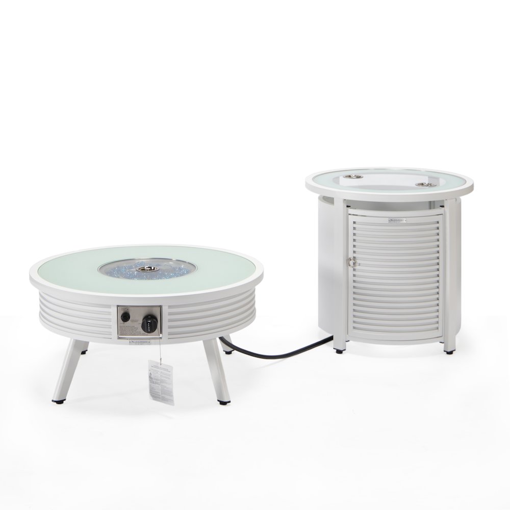 Walbrooke Patio Round Fire Pit and Tank Holder with Slats Design in White. Picture 2