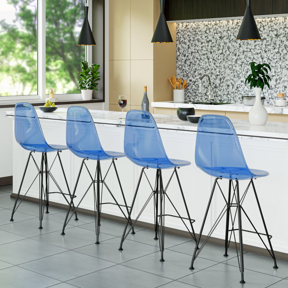 Modern Acrylic Bar stool Cresco Collection Black Base with Trans Blue seat. Picture 6