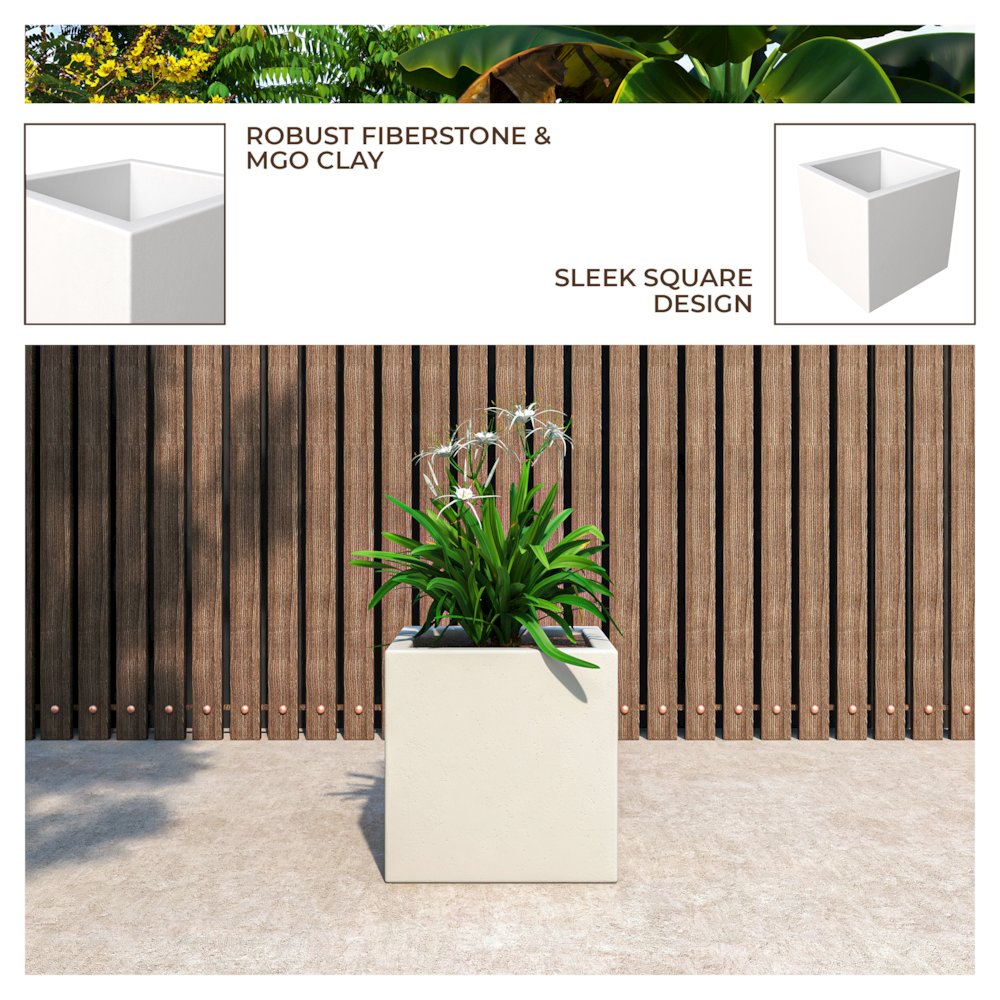 Fern Series Poly Stone Planter 15" Cube in White. Picture 10