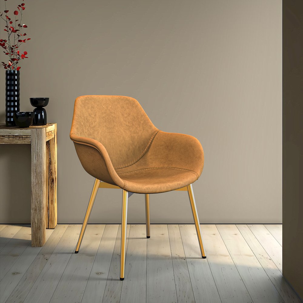 Markley Modern Leather Dining Arm Chair With Gold Metal Legs. Picture 15