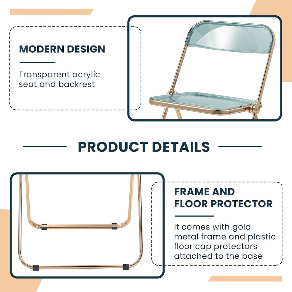 Lawrence Acrylic Folding Chair With Gold Metal Frame, Set of 4. Picture 4