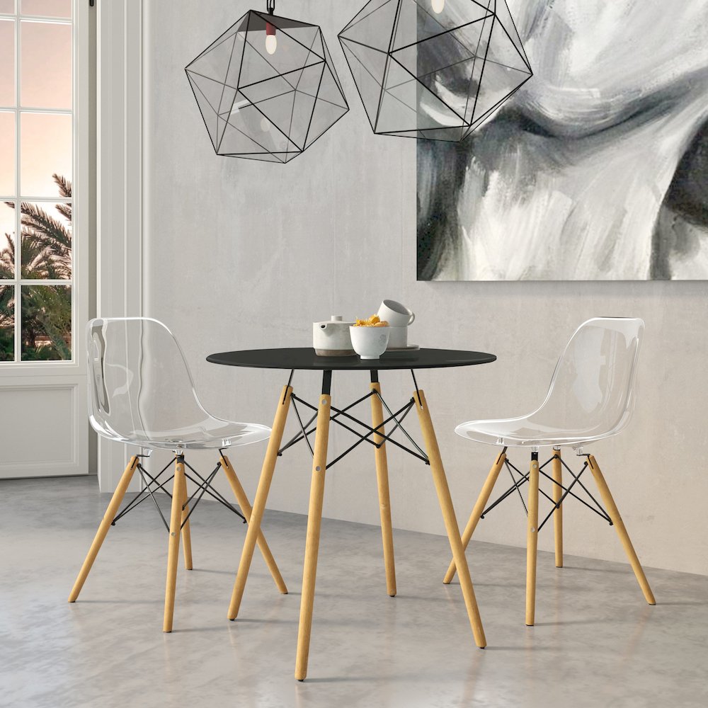 Dover 3-Piece Dining Set with Round Black MDF Top Bistro Table in Clear. Picture 2