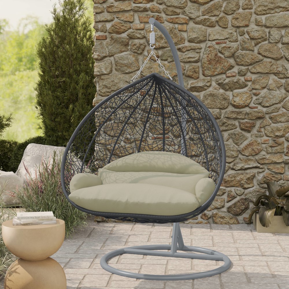 Recluse Collection Modern Outdoor Swing Chair Grey Frame with ES57 Taupe Cushion. Picture 8