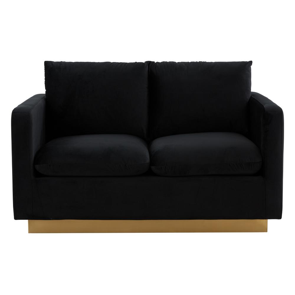 LeisureMod Nervo Modern Mid-Century Upholstered Velvet Loveseat with Gold Frame, Midnight Black. Picture 3