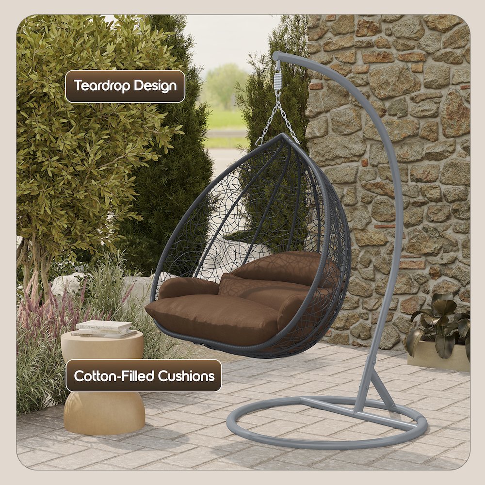 Recluse Collection Modern Outdoor Swing Chair Grey Frame with ES57 Brown Cushion. Picture 6