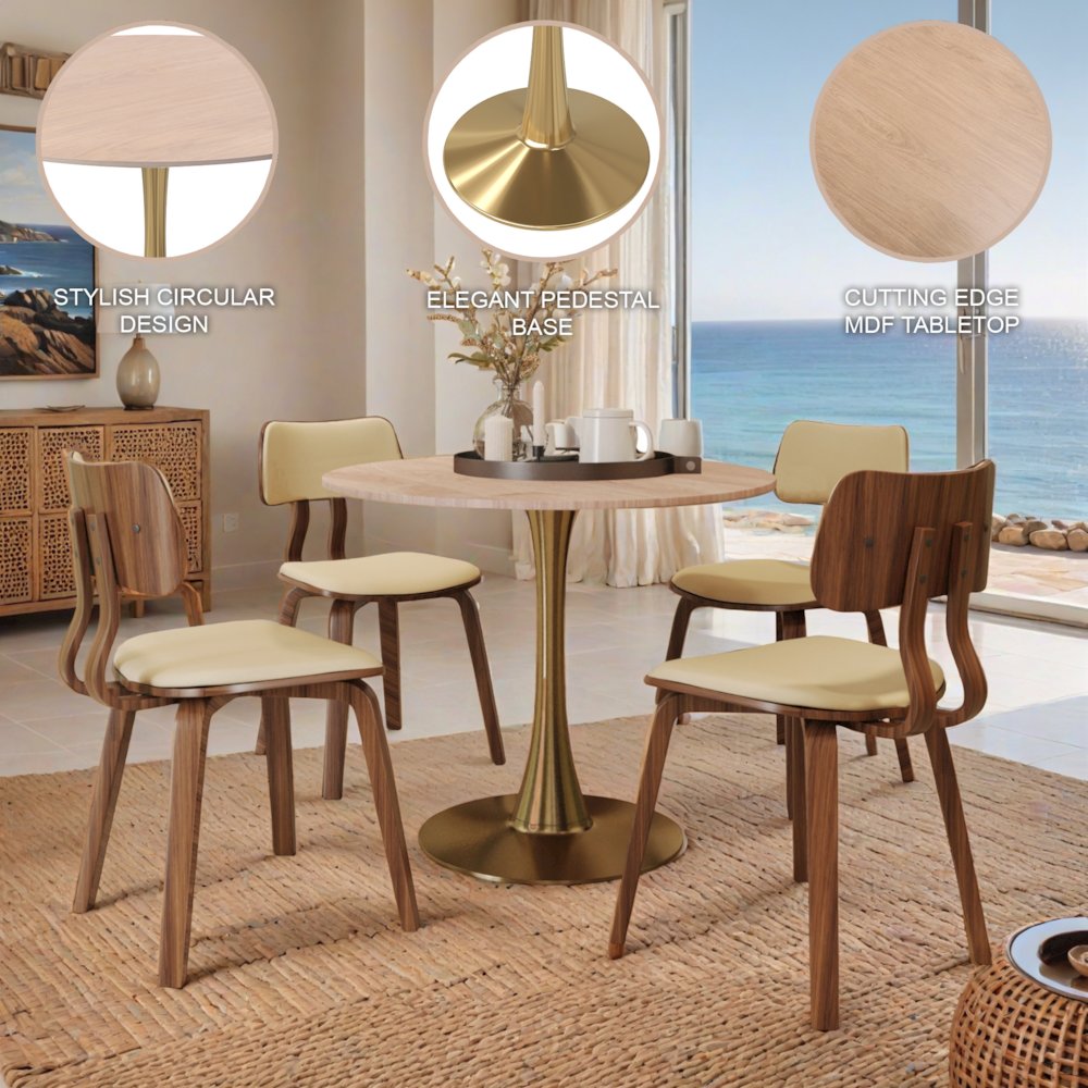 Bristol 27" Round Dining Table Gold Base with Sintered Stone Natural Wood Top. Picture 5