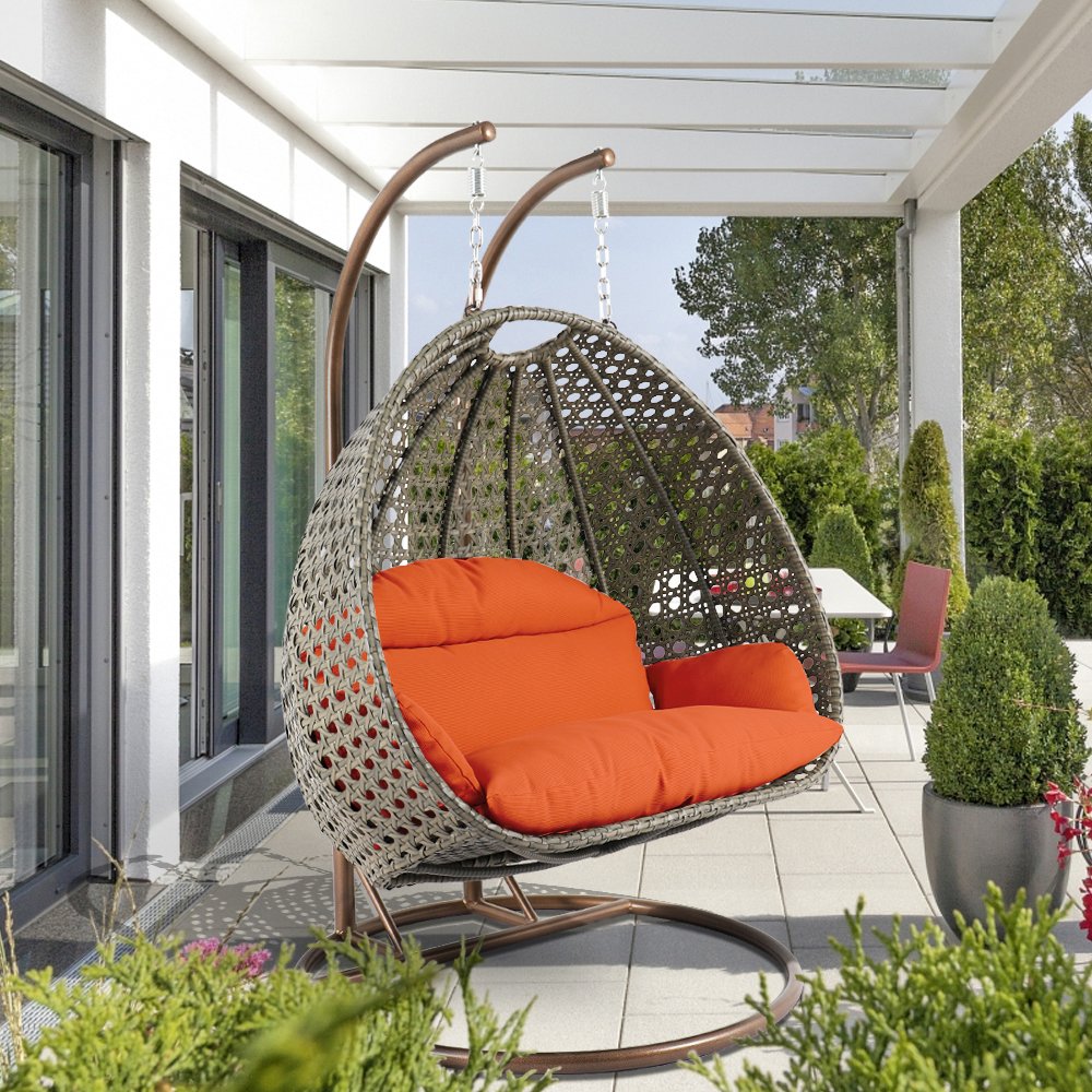 Beige Wicker Hanging 2 person Egg Swing Chair. Picture 2