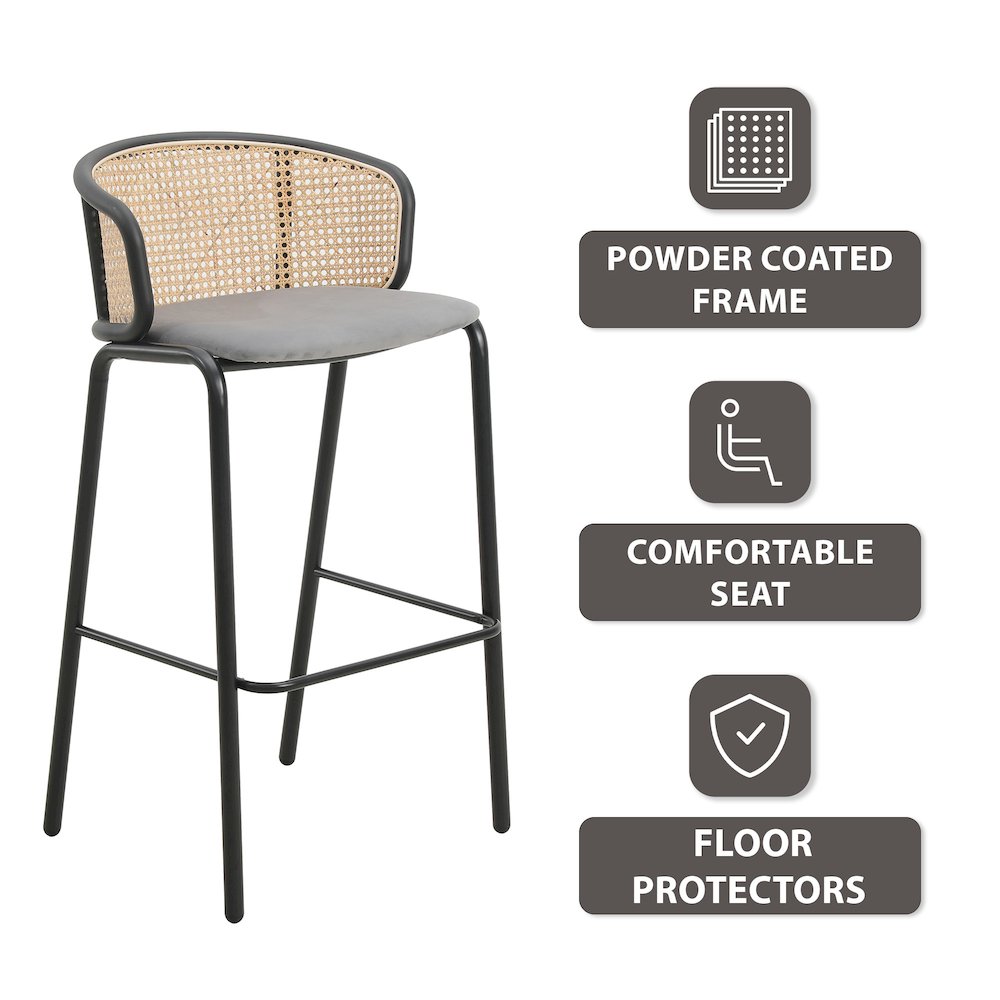 Ervilla Mid-Century Modern Wicker Bar Stool in Grey. Picture 20