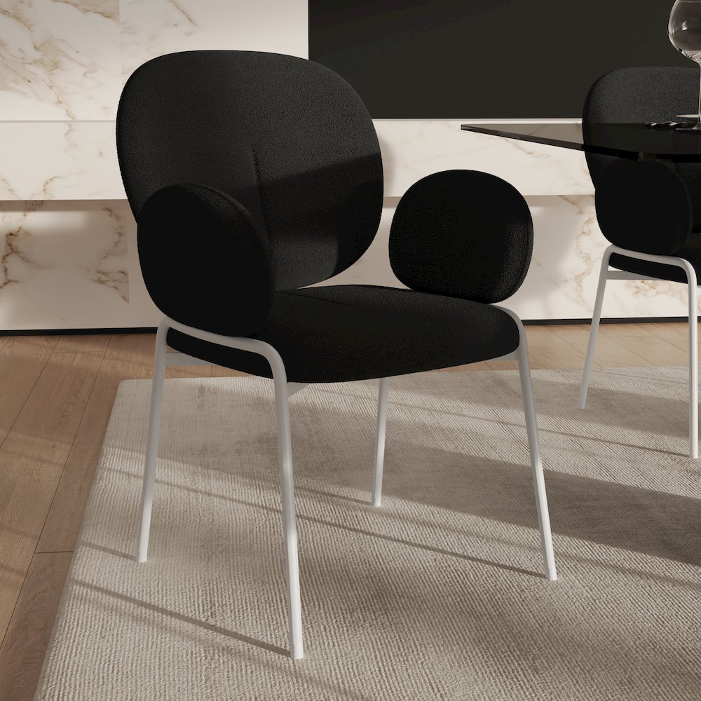 Celestial Series Boucle Dining Arm Chair, White Frame with Black Fabric. Picture 8