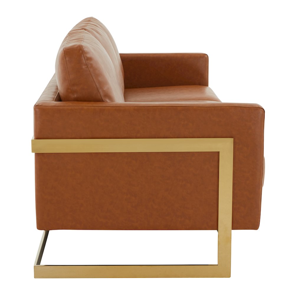 Lincoln Modern Mid-Century Upholstered Leather Sofa with Gold Frame. Picture 7