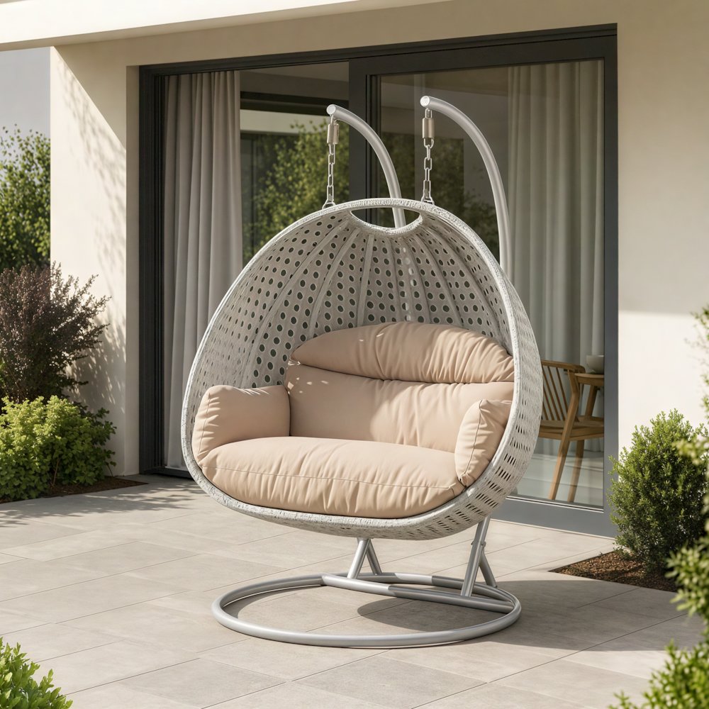 Mendoza Light Grey Wicker Hanging 2 person Egg Swing Chair. Picture 11
